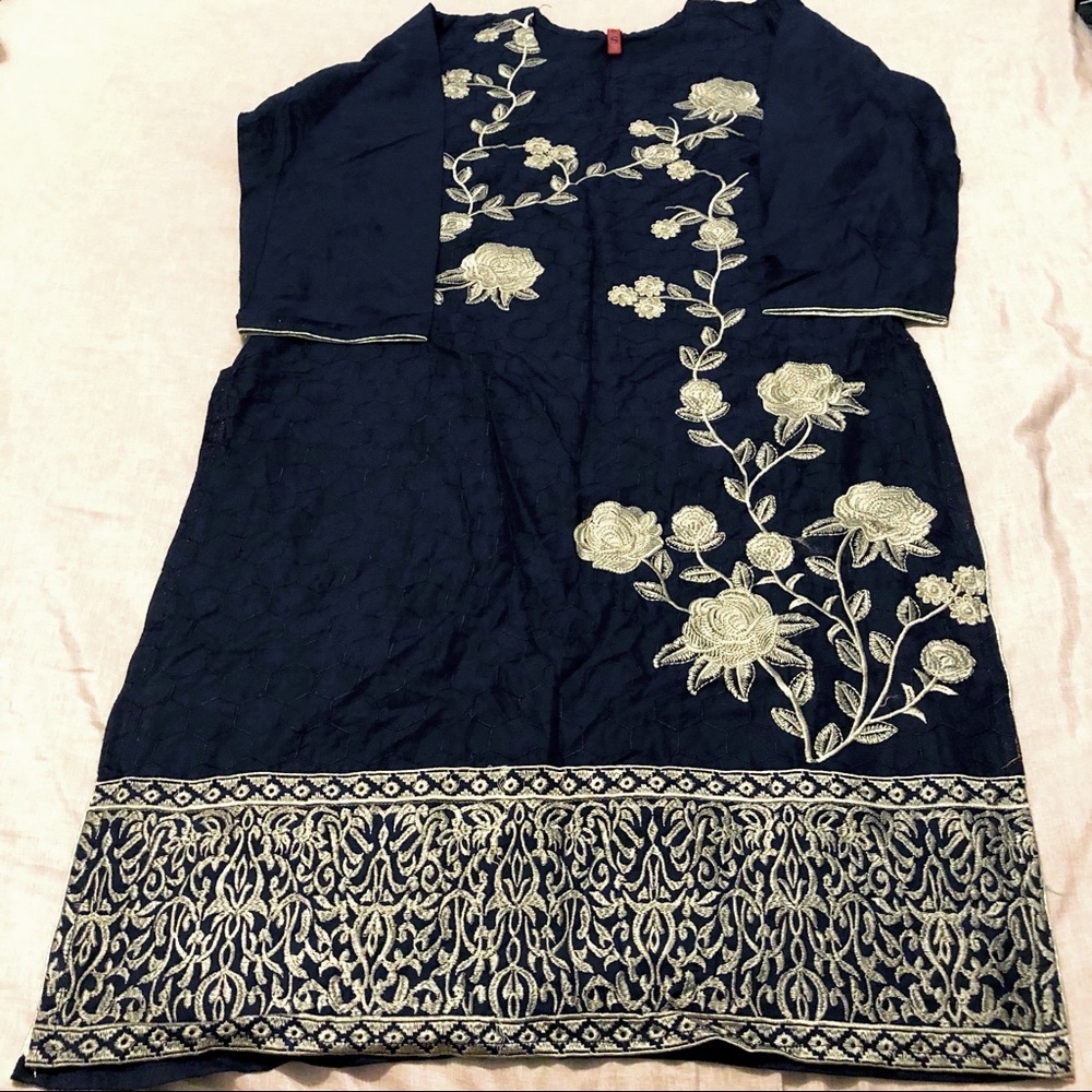N&S Pakistani Kurta Fully Embroidered Lawn Navy/Beige Gold Metallic Piping